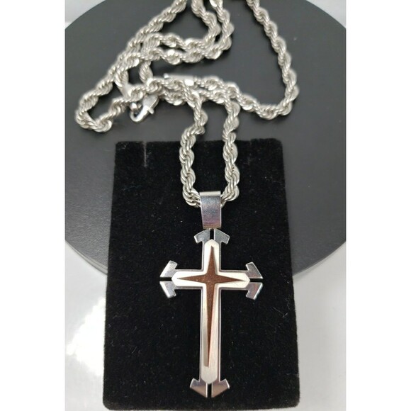 Vintage Stainless Steel 3D Cross Pendant Thick 23" Rope Necklace - Picture 10 of 16